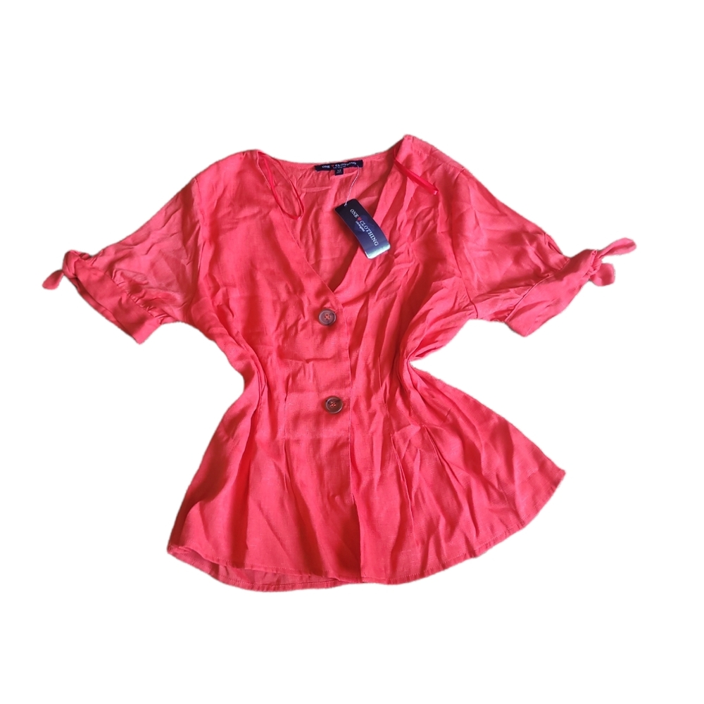 New One Clothing Las Angeles Womens Salmon Pink Tie Sleeve Button Up Top Size M.